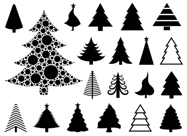 ilustraciones, imágenes clip art, dibujos animados e iconos de stock de conjunto de árboles de navidad diferentes - abeto