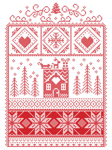 bildbanksillustrationer, clip art samt tecknat material och ikoner med elegant jul scandinavian, nordisk stil vintern sömmar, mönster inklusive snöflinga, hjärtat, renar, släde, pepparkakshus, julgran, gåva, snö i rött i dekorativ ram - winter wonderland