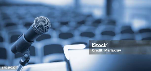 Rostrum In Conference Hall Stock Photo - Download Image Now - Press Conference, Conference - Event, Meeting