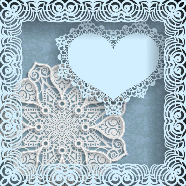 ilustraciones, imágenes clip art, dibujos animados e iconos de stock de plantilla de boda saludos o invitaciones. 3d mandala, corazón de papel con un borde de encaje en el borde en un marco de encaje de papel. fondo floral en la parte inferior. lugar para escribir en un corazón de papel. vector. - paper lace isolated on red white