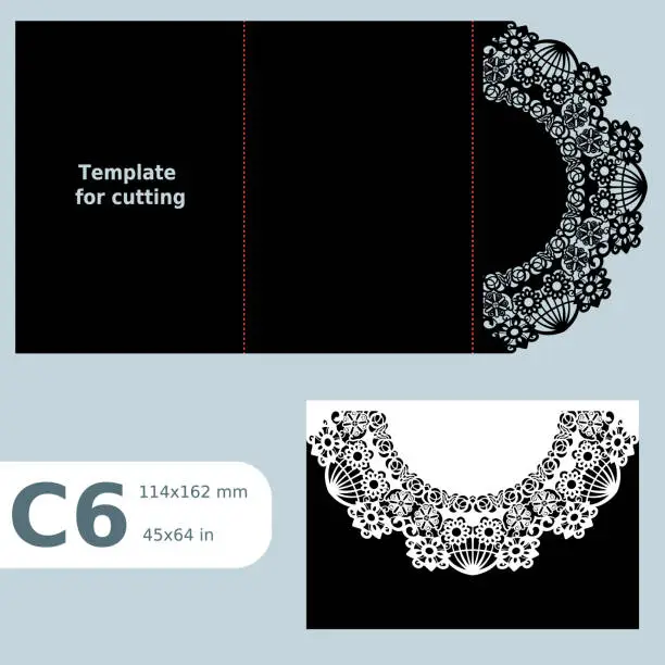 Vector illustration of C6 paper openwork greeting card,  wedding invitation,  lace invitation, card with fold lines, object isolated background, laser cut template, vector illustration
