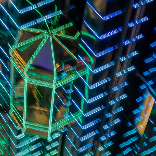 Abstract blurred image of modern shopping mall, other public place with glass elevator, bright vivid led backlight, modern background for design. Motion effect