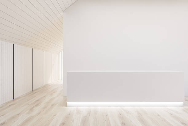 istock White and wooden wall office, white reception 871365348