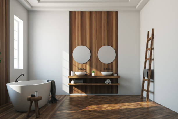 istock White and wooden bathroom, white tub, mirror 871366314