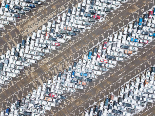 istock Large car parking, aerial view. Industrial background 871366688