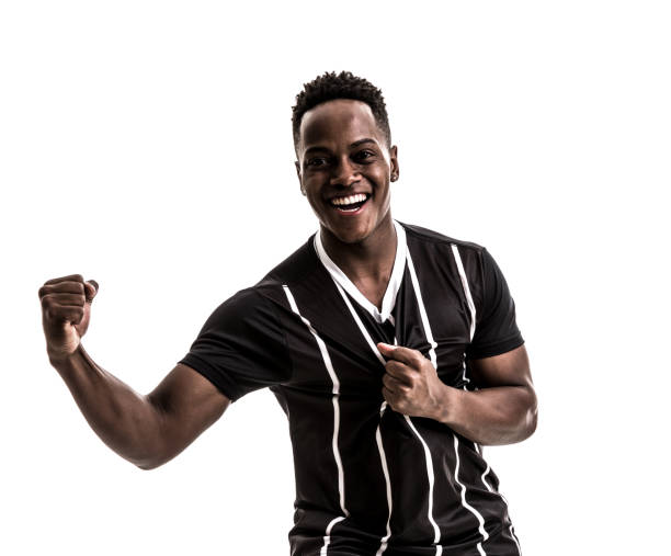 istock Fan / Sport Player on black and white uniform celebrating on white background 871369920