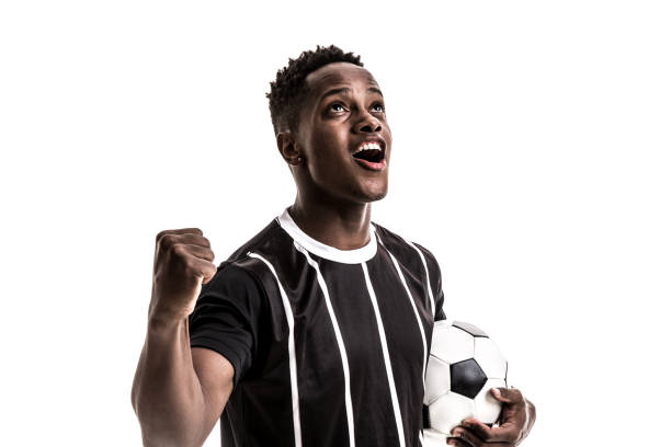 istock Fan / Sport Player on black and white uniform celebrating on white background 871369934