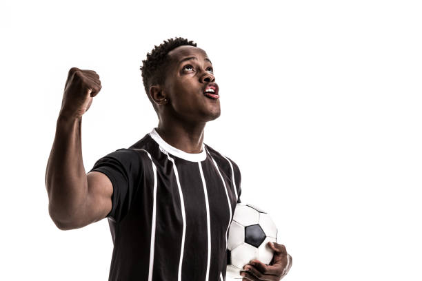 istock Fan / Sport Player on black and white uniform celebrating on white background 871369938