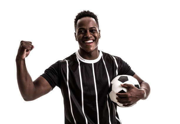 istock Fan / Sport Player on black and white uniform celebrating on white background 871369946