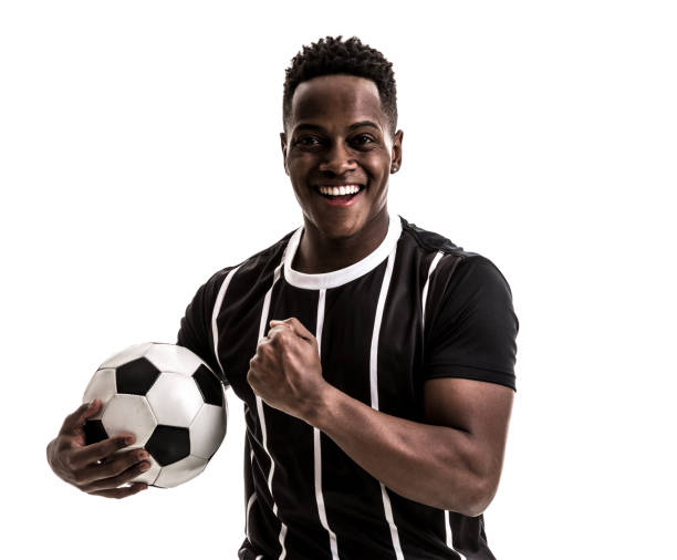 istock Fan / Sport Player on black and white uniform celebrating on white background 871369970