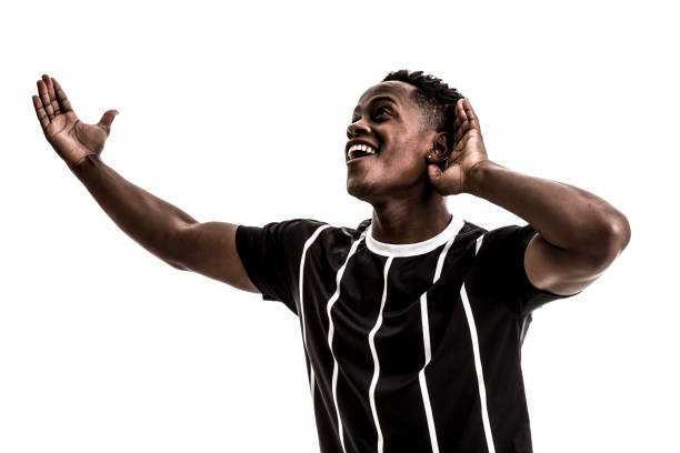 istock Fan / Sport Player on black and white uniform celebrating on white background 871369972