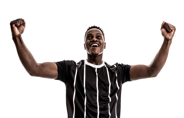 istock Fan / Sport Player on black and white uniform celebrating on white background 871369988