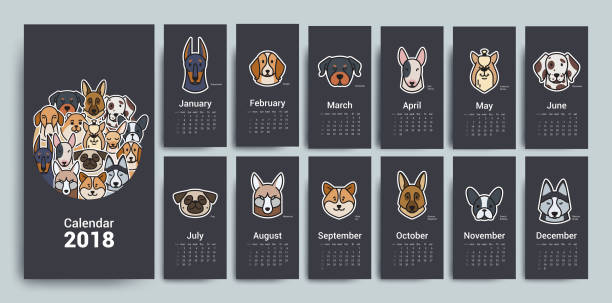 design-vorlage kalender 2018. - dog malamute sled dog bulldog stock-grafiken, -clipart, -cartoons und -symbole