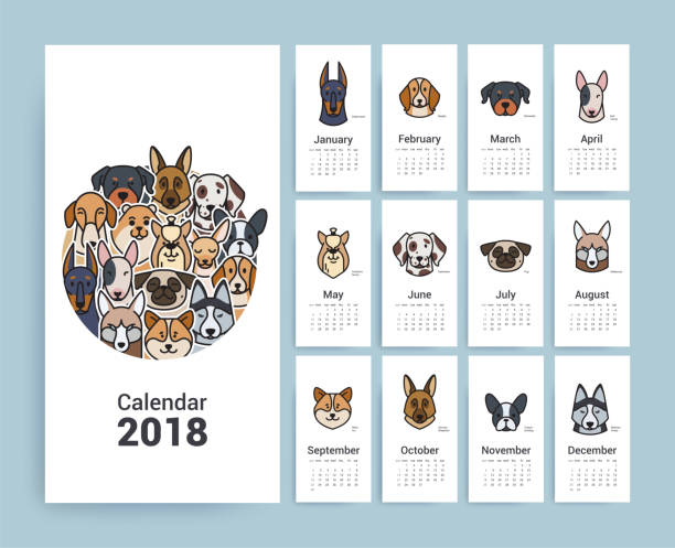 kalendarz szablonów projektu 2018. - dog malamute sled dog bulldog stock illustrations