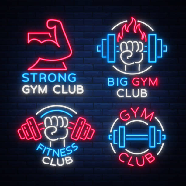 Set of signs on fitness theme, bodybuilding in neon style isolated, vector illustration. Glowing banner, a bright neon sign, a night advertisement of a fitness club, a sports hall, a sports club Set of signs on fitness theme, bodybuilding in neon style isolated, vector illustration. Glowing banner, a bright neon sign, a night advertisement of a fitness club, a sports hall, a sports club. workout logo stock illustrations