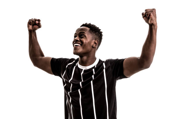 istock Fan / Sport Player on black and white uniform celebrating on white background 871375996