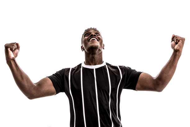 istock Fan / Sport Player on black and white uniform celebrating on white background 871376010