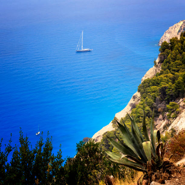 Looking down Egremni beach in Lefkada, Ionian Islands, Greece Looking down Egremni beach in Lefkada, Ionian Islands, Greece egremni beach lefkada island greece stock pictures, royalty-free photos & images