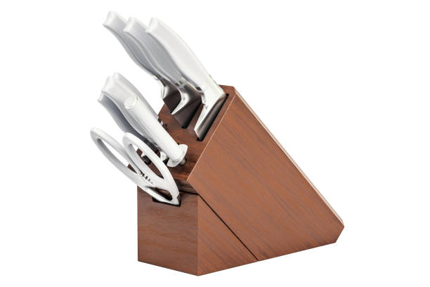 Kitchen knives with wooden block, 3D rendering isolated on white background