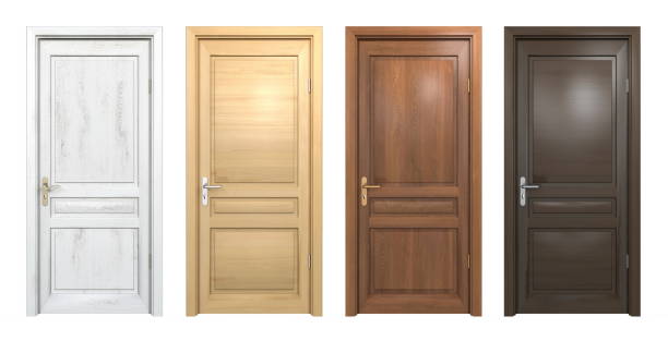 colección de puertas de madera diferentes aislados en blanco - wooden doors fotografías e imágenes de stock