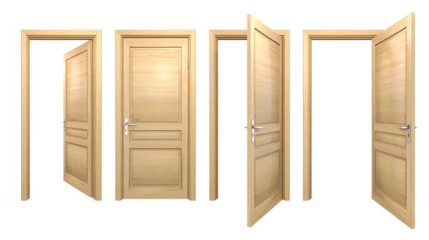 istock Open and closed wooden doors isolated on white 871381514