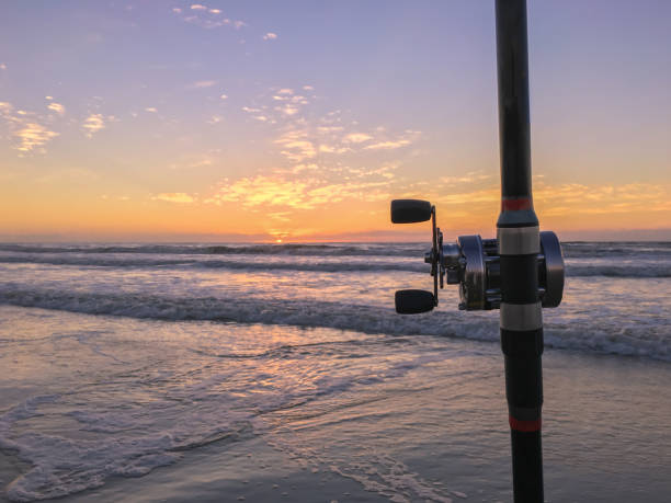 Fishing rod on beach at sunset.