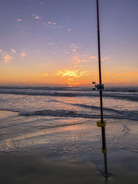 istock Fishing rod on beach at sunset. 871385002