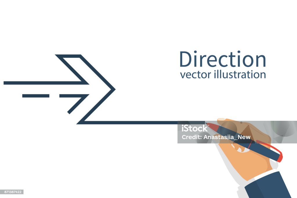 Man draws hand in the form of an arrow Man draws hand in the form of an arrow. Direction indicator. Abstract arrow minimal design line. Template banner, space for text. Vector illustration flat design. Isolated on white background. The Way Forward stock vector