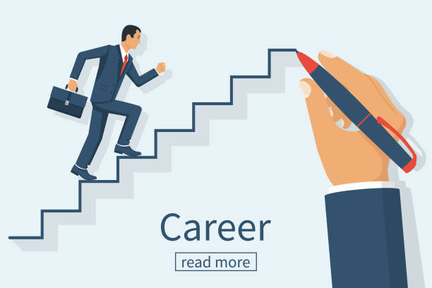 Man is climbing career ladder Man is climbing career ladder. Human hand drawing stairs close up. Concept of business development. Vector illustration flat design. Isolated on white background. Step by step. climbing stairs drawing stock illustrations