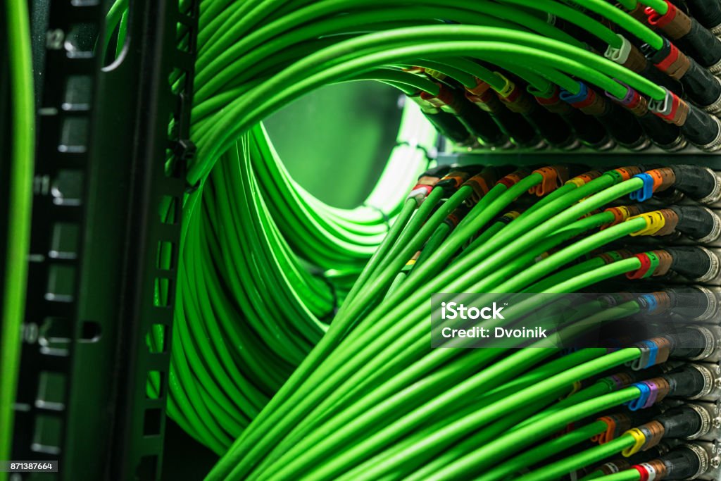 Viele grüne Netzwerkkabel mit dem Server verbunden - Lizenzfrei Ausrüstung und Geräte Stock-Foto