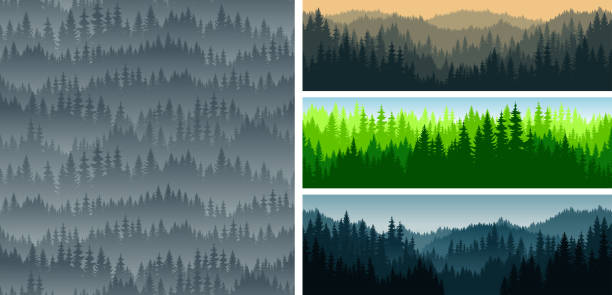 :set of vector mountains forest woodland background texture seamless pattern :set of vector mountains forest woodland background texture seamless pattern tree designs stock illustrations