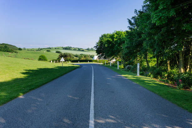 Empty asphalt country road passing through green fields and forests. Countryside landscape on sunny spring day in France. Sunbeams in the sky. Transport, industrial agriculture, road network concept