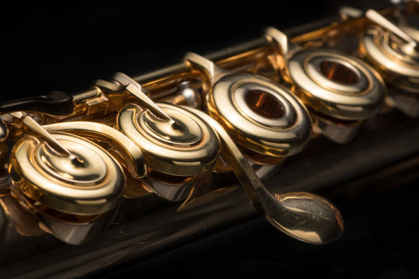 Details, keys of a golden flute Details, keys of a golden flute black background symphony orchestra photos stock pictures, royalty-free photos & images