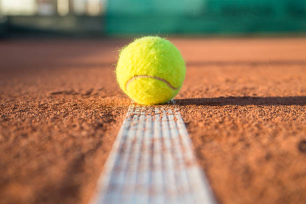 Small tennis ball lying on white line on tennis court on sunny day.