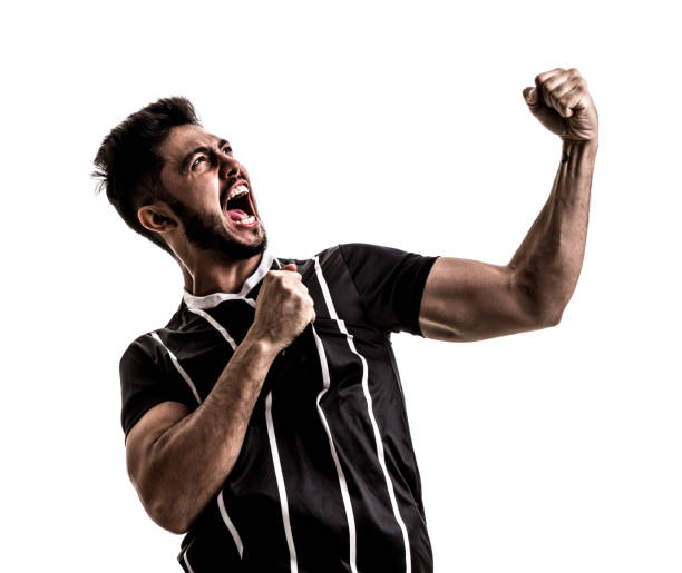 istock Fan / Sport Player on black and white uniform celebrating on white background 871413752
