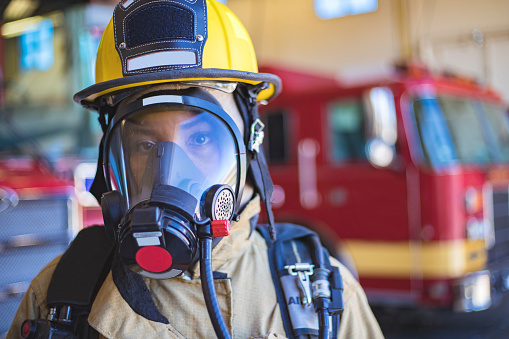 A stock photo of a female firefighter during her work day.