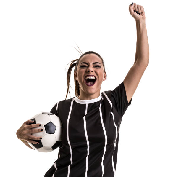 Fan / Sport Player on black and white uniform celebrating on white background