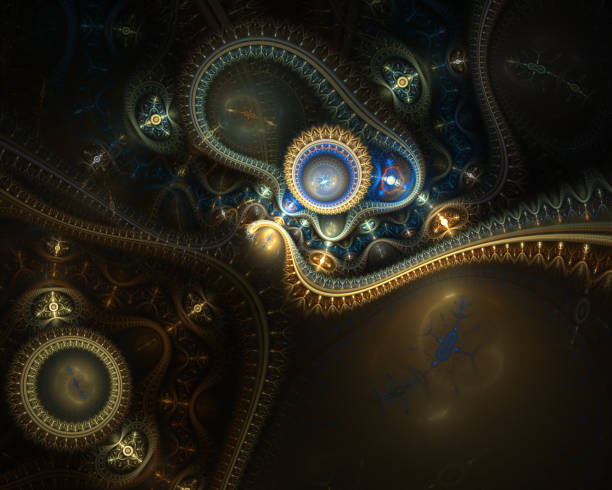 Steampunk. Time machine. Futuristic mechanic engine with gears. Clockwork watch, digital fractal art