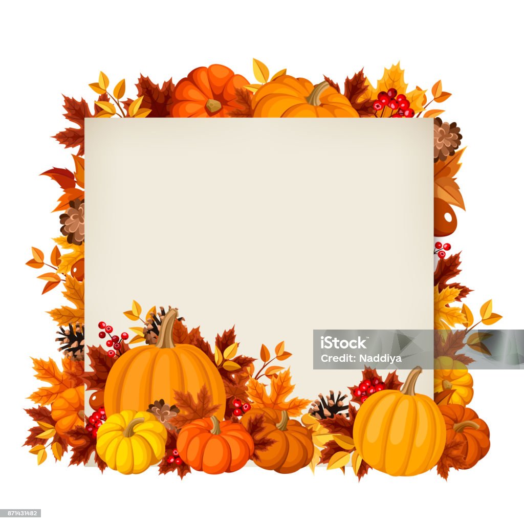 Carte de vecteur avec les citrouilles et les feuilles de l’automne. - clipart vectoriel de Automne libre de droits