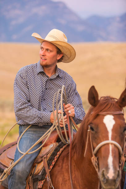 istock Cowboy Riding in a Field at Sunset 871438222