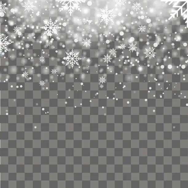 Vector illustration of Falling shining snow or snowflakes on transparent background. Vector.