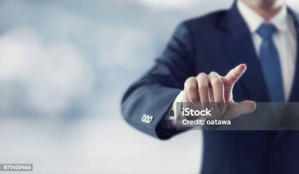 Businessman Hand Touching Virtual Screen Stock Photo - Download Image Now - Pointing, Aiming, Businessman