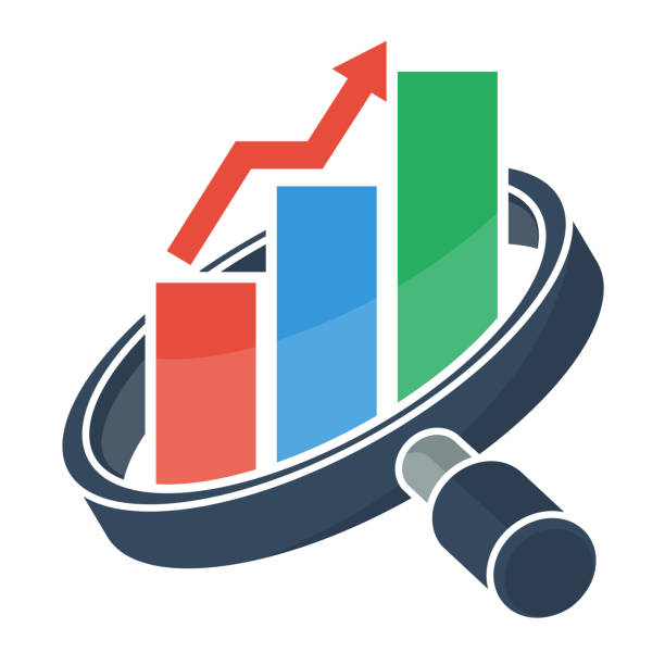 значки для бизнес-маркетинга и продаж, бизнес-консалтинговых услуг. иллюстрированный увеличительным стеклом, бар диаграммы, и стрелка граф - business vertical talking usa stock illustrations