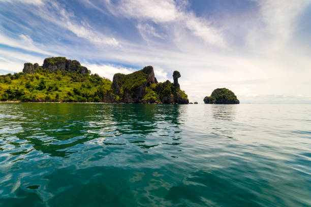 chicken island near railay beach in krabi province, thailand - thailand beach nautical vessel phuket province imagens e fotografias de stock