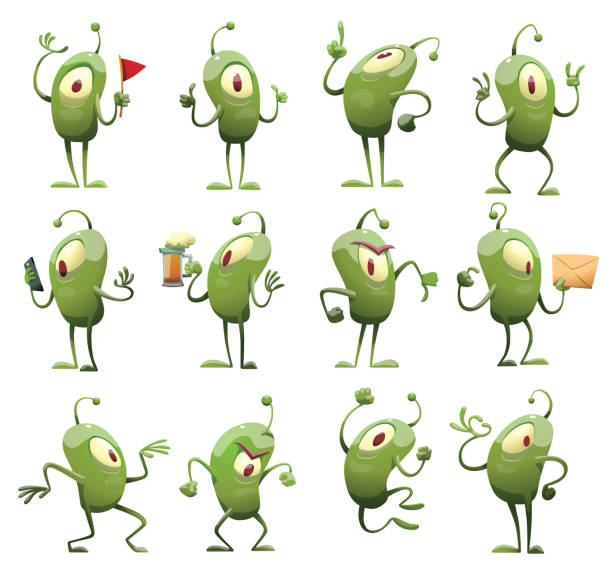 satz von zwölf lustige grüne mikroben, neue - green monster stock-grafiken, -clipart, -cartoons und -symbole