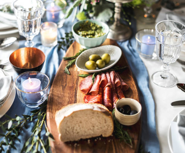 Closeup of Wedding Reception Table Setting with Food