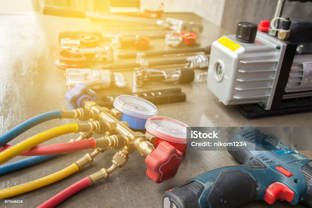 manometers measuring equipment for filling air conditioners,gauges. Air Conditioner Stock Photo