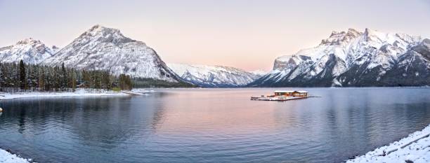 szeroki panoramiczny krajobraz nad jeziorem minnewanka banff national park - alberta canada animal autumn zdjęcia i obrazy z banku zdjęć