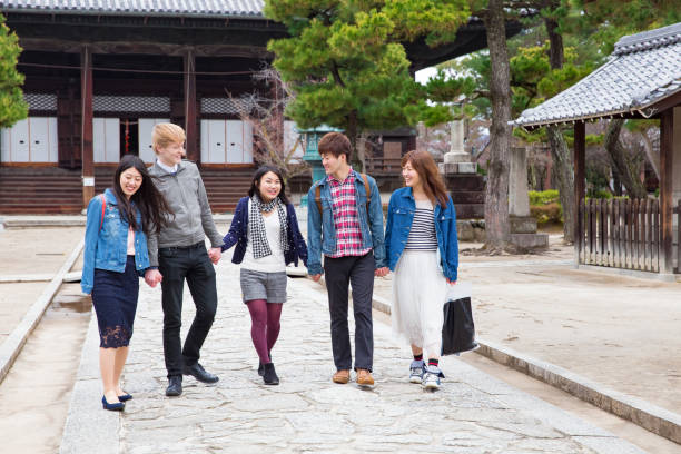 istock Five Japanese friends coming to a temple for sightseeing 871472172