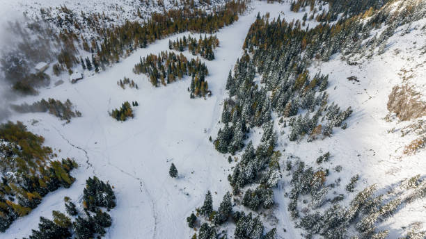 istock Drop down view of snowy meadow. 871472678